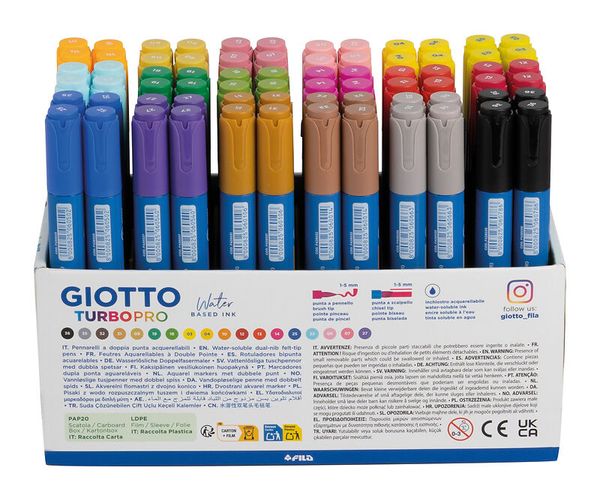 GIOTTO Turbo Pro, 72 Stifte in 18 Farben, Doppelfasermaler mit Pinsel- und Keil-Spitze