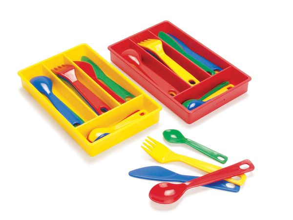 kinderbesteck, spielbesteck, plastic, mehrfarbig, löffel-gabel-set