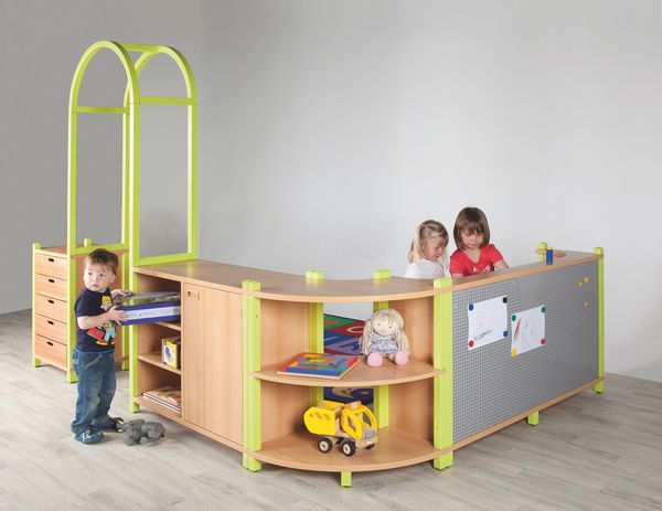 Kita-Tisch, Spielzeugtisch, Holzoberteil, Neon-Grün Akzente, Aufbewahrungseinheit