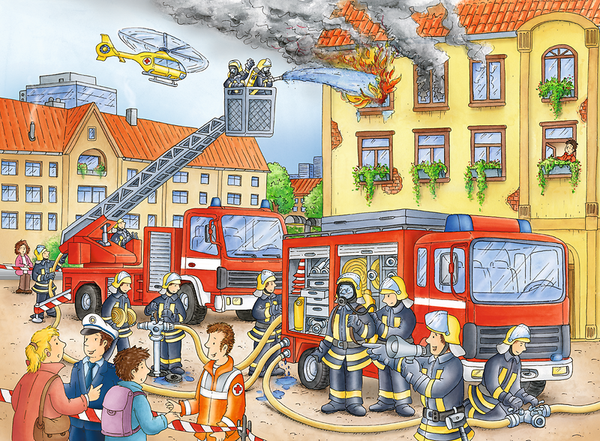 Feuerwehr, Feuerlöschzug, Löschfahrzeug, Flammen, Feuerwehrmänner