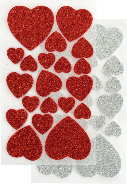 FOLIA Moosgummi Glitter-Sticker Herzen, rot & silber, 50 Stück