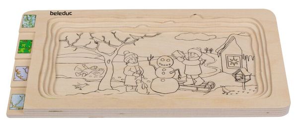 Holztablett, Holzspielzeug, Sandkastenbild, Winterlandschaft, Schneemann
