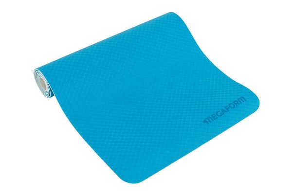 Yogamatte, Trainingsmatte, blaue Matte, Rutschfeste Oberfläche, aufgerollte Matte