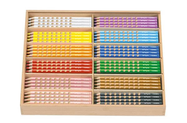 LYRA Groove Jumbo Dreikant-Buntstifte, in 12 Farben sortiert, 144 Stück in Holzbox + Spitzmaschine