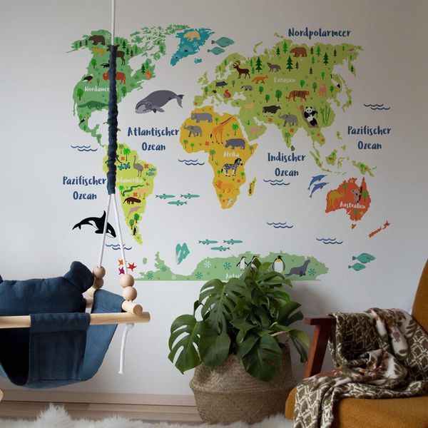 Wandtattoo Tierische Weltkarte, Größe wählbar