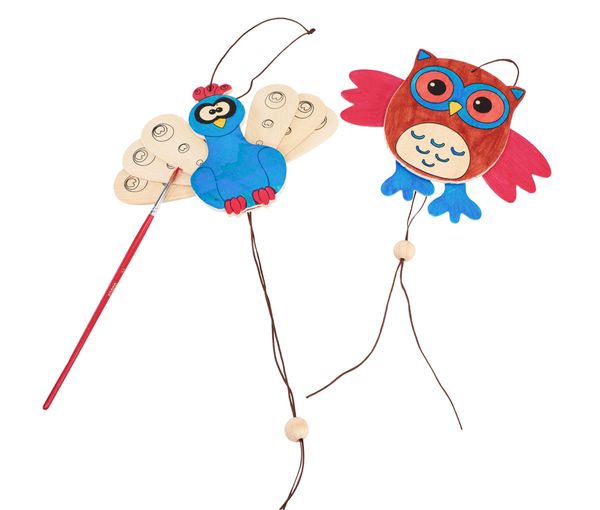 Kinderkunst, Luftballonfiguren, Vogelfigur, Eulenfigur, Holzfigur