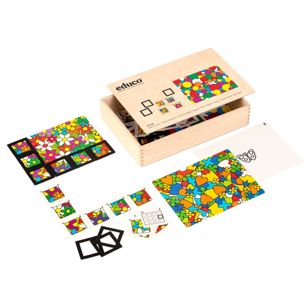 Puzzleset, Stoffpuzzle, Holzbox, Farbiges Muster, Geometrische Formen