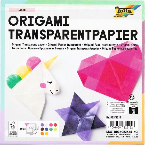 FOLIA Origamipapier, Transparentpapier, gemischt, 500 Bogen bunt sortiert