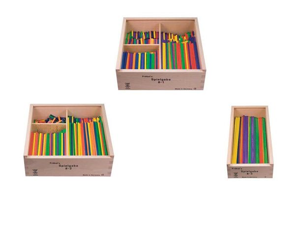 Holzbox, Spiegelein, bunte Stäbe, bunte Blöcke, Stapelspiel