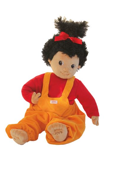 Stofffigur, Puppe, Kuschelpuppe, Overalls, Orange, Rot, Kleidung, JOY-Kleidung, Haarband, Puppenkörper