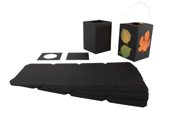 black boxes, gift boxes, folded cards, paper bags, fall leaf design