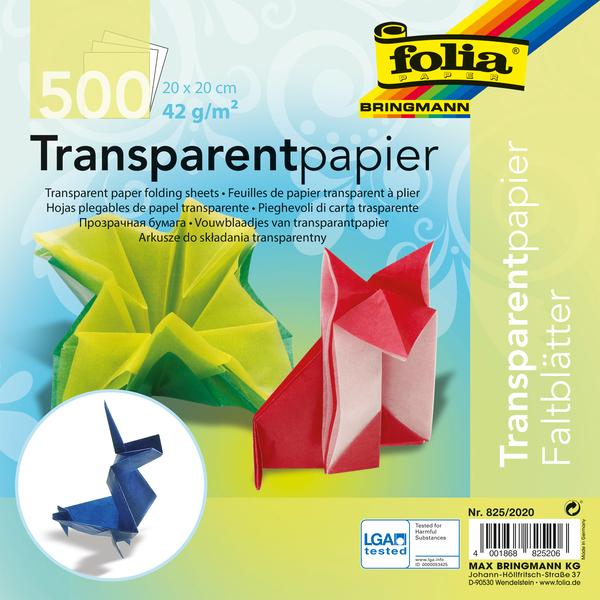 Origamipapier, Transparentpapier, bunt sortiert, 20x20 cm, 500 Blatt