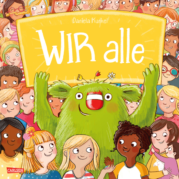 Kinderbuch, Wimmelbild, Grün Monster, Plakat, Hände hoch
