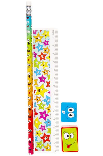 Schreib-Set Smiley (Lineal, Radierer, Bleistift, Spitzer), 1 Set Schreib-Set Smiley (Lineal, Radierer, Bleistift, Spitzer), 1 Set