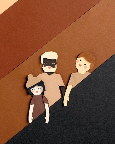 Papiertiere, Figuren, Familie, dreifarbiger Hintergrund, Collage-Kunst