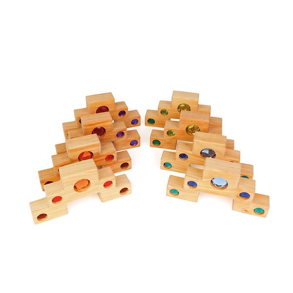 Bauspiel Farbtreppe mit Lichtbauquadern im Holzkasten, 16-teiliges Set