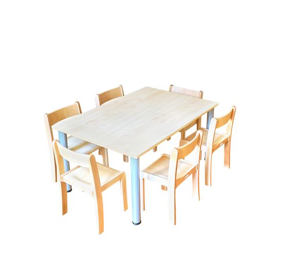 Tisch-Stuhl-Kombination Recto zargenlos, Ahorn Dekor, Metallbeine feststehend Tisch-Stuhl-Kombination Recto zargenlos, Ahorn Dekor, Metallbeine feststehend