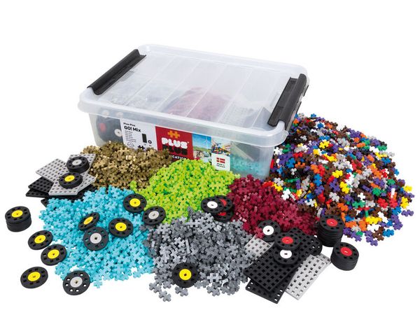 PLUS PLUS MINI GO! Bausteine Mix, 2600-tlg. + 10 Bauplatten + 40 Räder