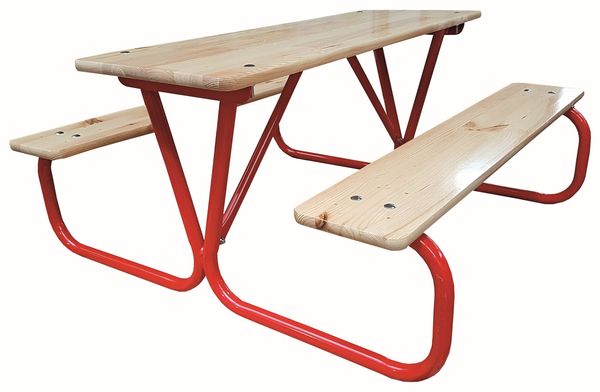 Picknicktisch, Holztisch, Holzplatte, rote Beine, Sitzbank