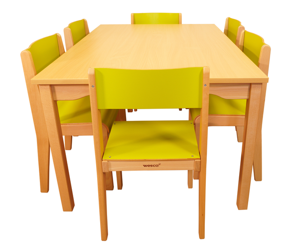 Tisch-Stuhl-Kombination, 1 Rechtecktisch (120 x 80 cm) + 6 Holzstühle, Farbe wählbar