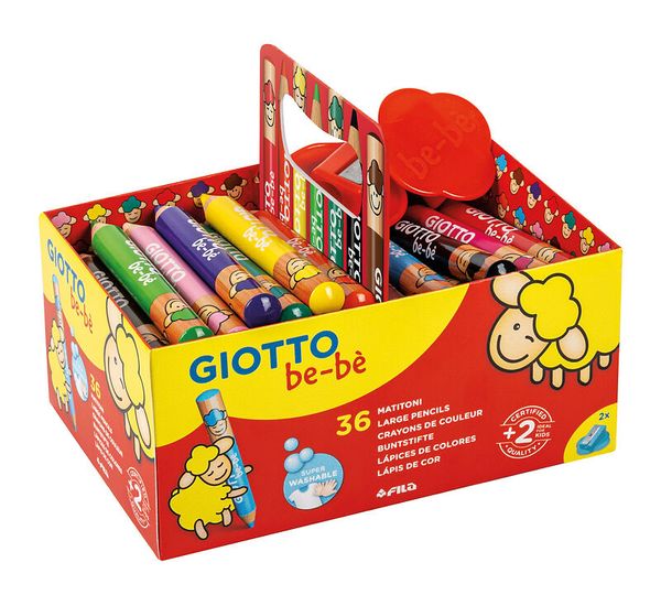 GIOTTO be-bè Jumbo, runde Buntstifte, inkl. 3 Spitzer, ab 2 Jahre, in 12 Farben sortiert, 36 Stück