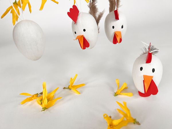 poultry decorations, paper eggs, hen figures, hen crafts, easter scene