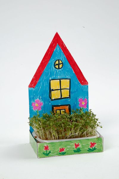 Minihaus, Pflanzgefäß, Holzkunst, blaues Haus, Blumenkübel