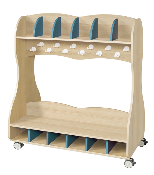 Holzregal, Fächerregal, Hakenleisten, Wagen mit Rollen, Kinderzimmer