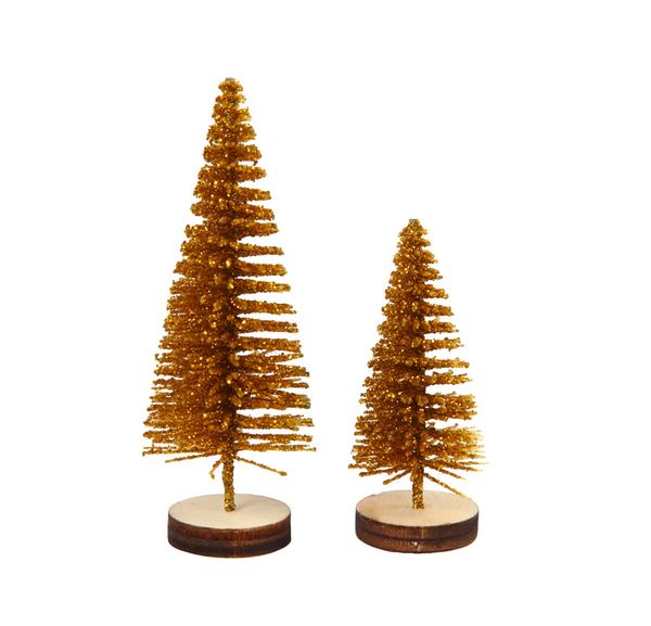 Miniature trees, Gold color, Flocked texture, Wood base, Decorative