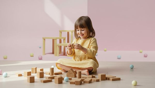 Kind, Holzbausteine, Bausteine, Spielzimmer, gelbes Kleid