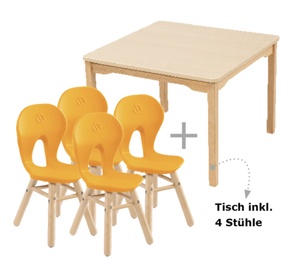 Tisch-Stuhl-Kombination, 1 quadratischer Tisch (80 x 80 cm) + 4 Schalenstühle mit Holzfüßen, Farbe wählbar