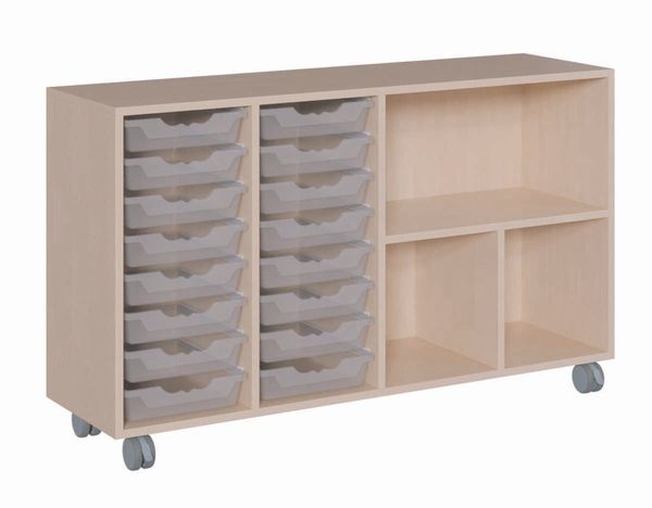 Regal fahrbar mit 16 flachen ErgoTray Boxen, rechts Regal (B/H/T: 139 x 82,5 x 40 cm) Regal fahrbar mit 16 flachen ErgoTray Boxen, rechts Regal (B/H/T: 139 x 82,5 x 40 cm)