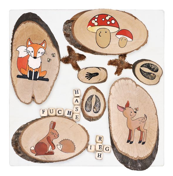 holzscheiben, holzuntersetzer, waldtiere, pilze, würfelbuchstaben