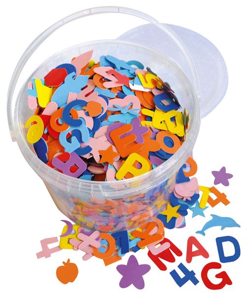 balloons, confetti, bucket, foam letters, multicolor