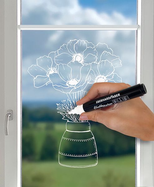 glaszeichnung, blume-vase, weiß-tinte, fenster-kunst, marker-stift