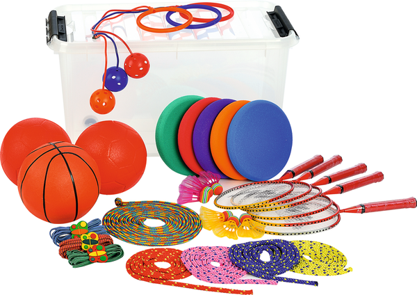 basketball, badminton, hula hoop, jump rope, paddle set