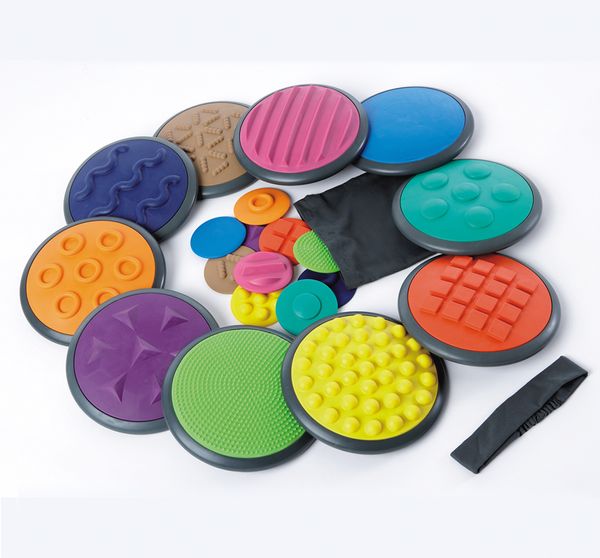 Taktile Scheiben - Komplett Set mit 20 Scheiben, Stoffbeutel + Augenbinde Taktile Scheiben - Komplett Set mit 20 Scheiben, Stoffbeutel + Augenbinde