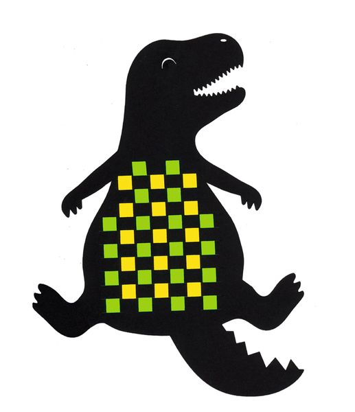 Dinosaurier, Kinderbild, Kunstfigur, Karo-Muster, Schwarz, Gelb-Grün