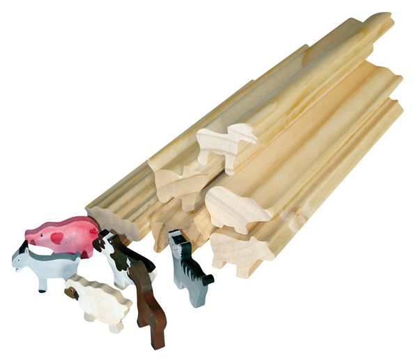 Holzleisten, Raspeln, Holzblöcke, Holzstangen, Tierformen