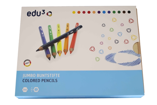 edu3 Jumbo Hex Sechskant-Buntstifte, in 12 Farben sortiert, 144 Stück in Holzbox