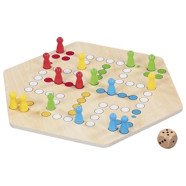 GOKI Brettspiel Ludo, für 6 Spieler, aus Holz, 34 x 34 cm, ab 4 Jahre
