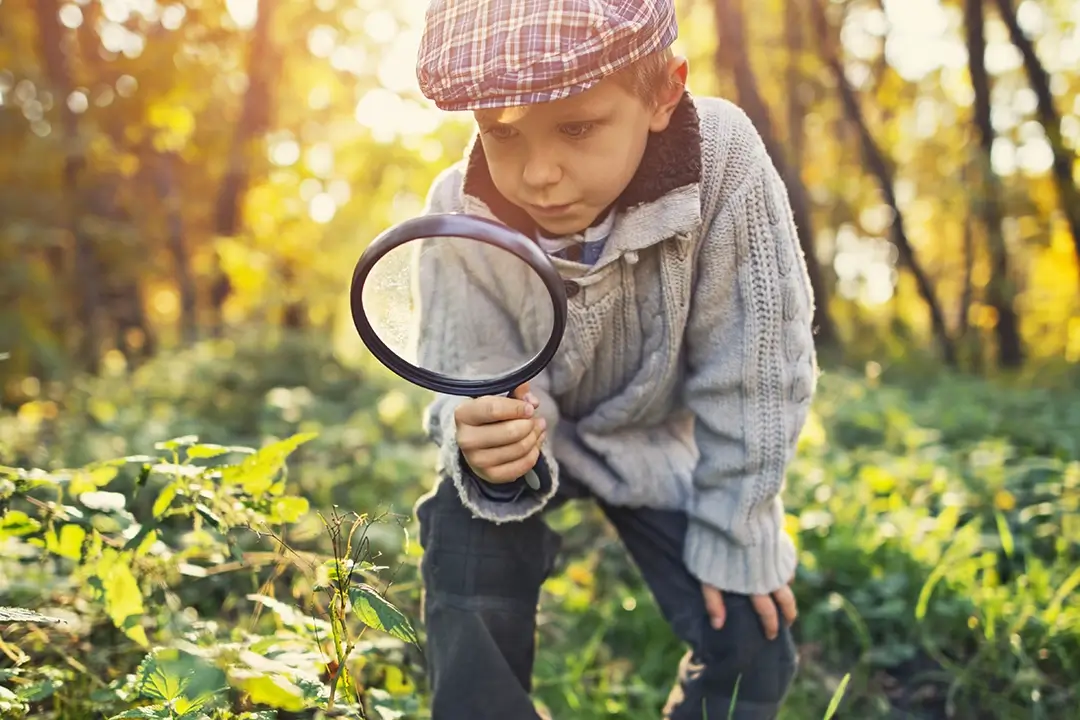 Kita-Projekte zum Thema Entdeckungen: Kind mit Lupe im Wald