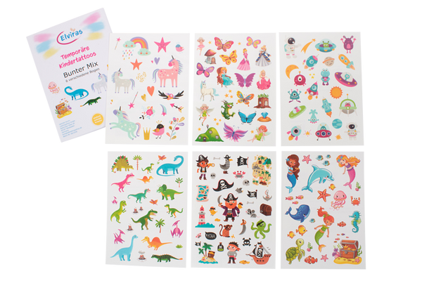 ELVIRAS Kindertattoos zum Aufkleben, 100 Stück, ab 3 Jahre, Motive wählbar