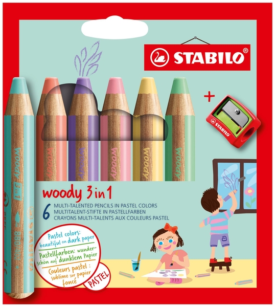 STABILO woody 3in1 Malstifte, inkl. Spitzer, in 6 Pastellfarben sortiert, 6 Stück