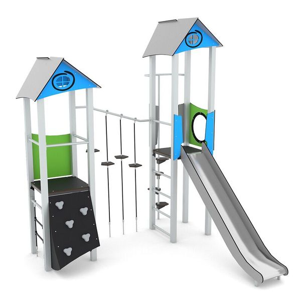 Klettergerüst, Spielgeräte, Schaukelbrücke, Rutsche, Kletterwand