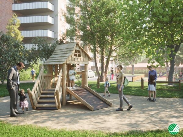Spielhaus, Rutsche, Schaukel, Holzspielplatz, Kinderpark