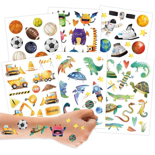 100 Kindertattoos zum Aufkleben - Glitzer Tattoo Set Wasserfarbmotive Jungen