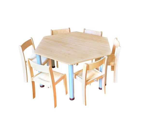 Tisch-Stuhl-Kombination Trapez zargenlos, Buche hell, Metallbeine höhenverstellbar Tisch-Stuhl-Kombination Trapez zargenlos, Buche hell, Metallbeine höhenverstellbar