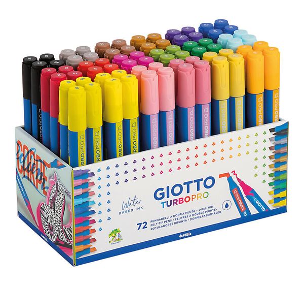 GIOTTO Turbo Pro, 72 Stifte in 18 Farben, Doppelfasermaler mit Pinsel- und Keil-Spitze