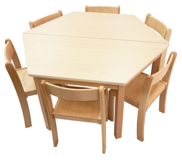 Tisch-Stuhl-Kombination Trapez, Dekor Ahorn, Sitzhöhe 30 cm / Tischhöhe 52 cm (SONDERANGEBOT)